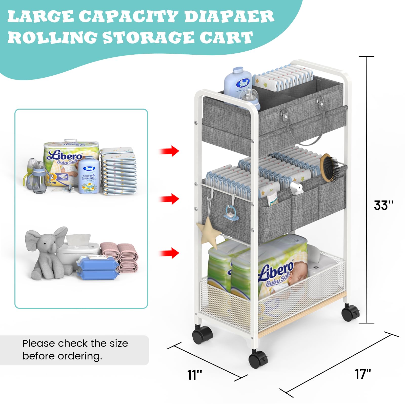 LIDTOP 3-tier rolling diaper cart with dividers for diapers, wipes, and clothes