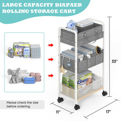 LIDTOP 3-tier rolling diaper cart with dividers for diapers, wipes, and clothes
