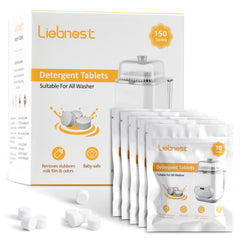 Liebnest 150pcs detergent tablets packaging highlighting compact travel-friendly storage.