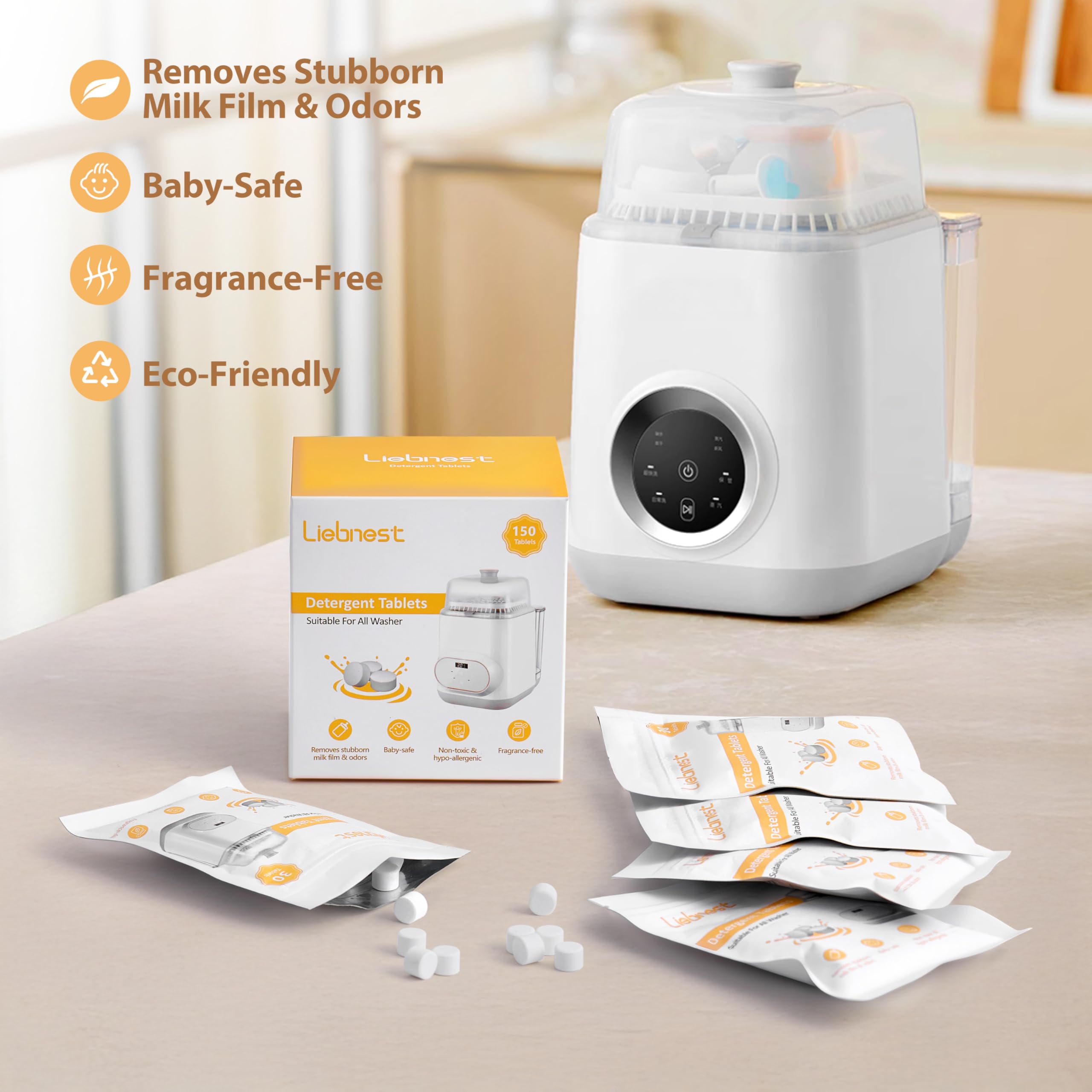 Liebnest bottle-washer tablets dissolving quickly to prevent residue on bottles.