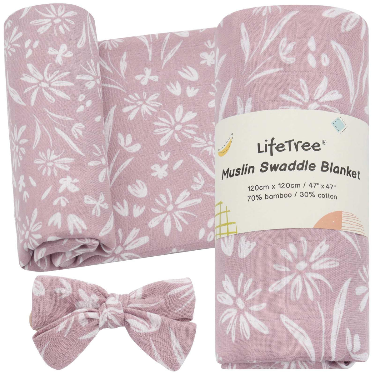 LifeTree baby swaddle blanket mauve floral close-up shows soft bamboo blend for gentle skin