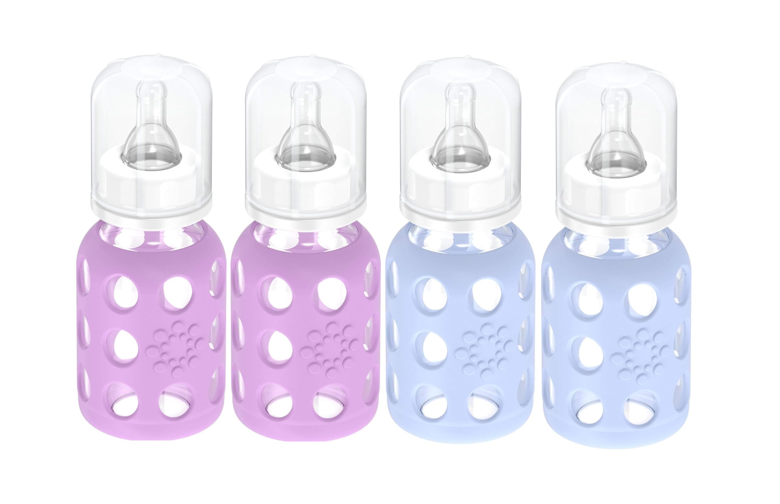 Lifefactory 4oz lavender sleeve bottle with easy-grip silicone protection.