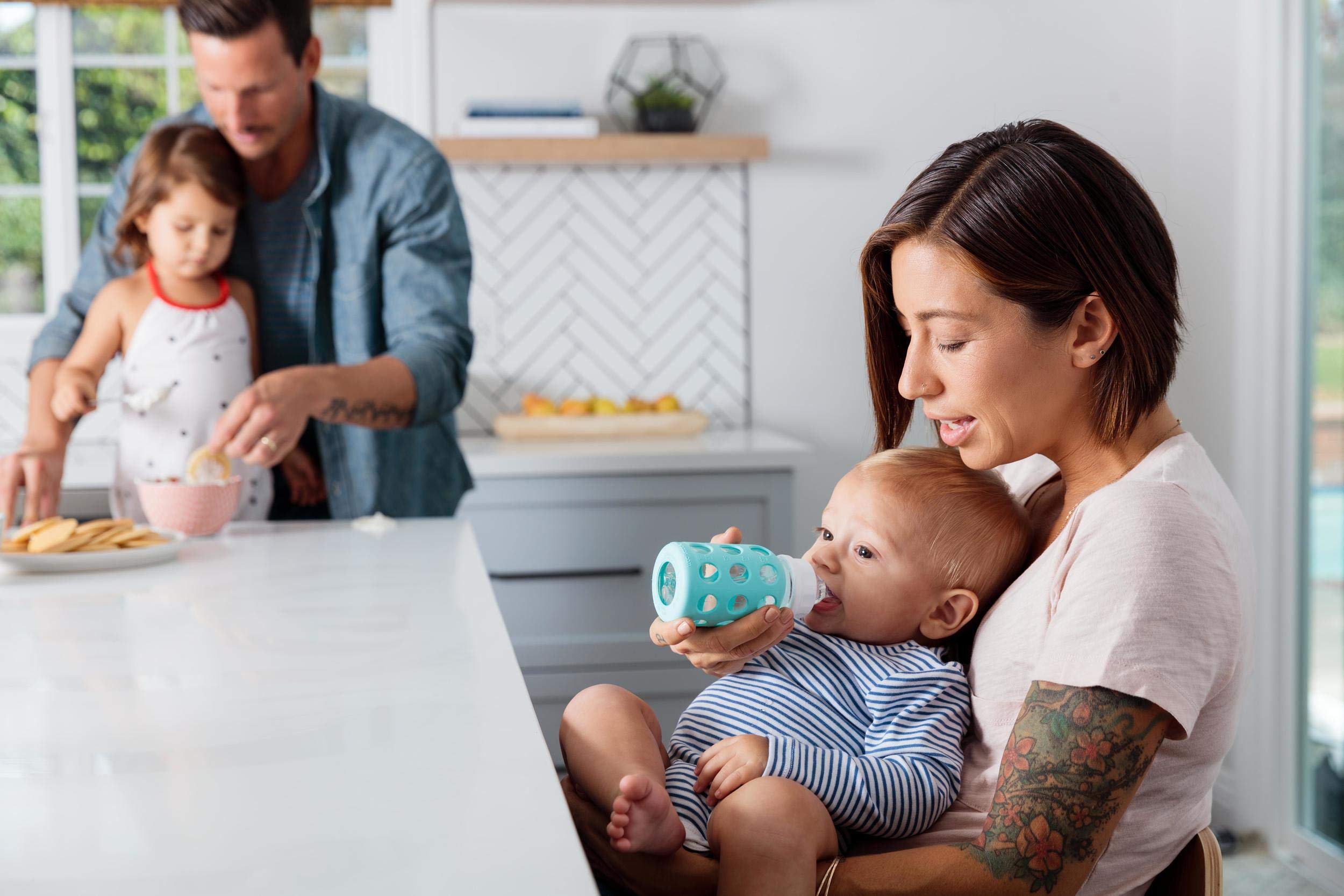 Lifefactory 4oz bottle nipple Stage 3 closeup shows silicone tip and controlled flow.