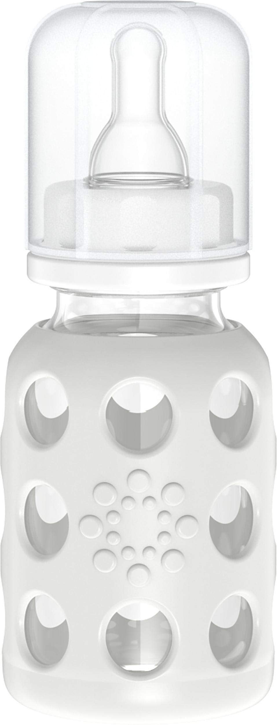 Lifefactory 4oz glass baby bottle full view with silicone sleeve for secure grip