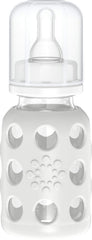 Lifefactory 4oz glass baby bottle full view with silicone sleeve for secure grip
