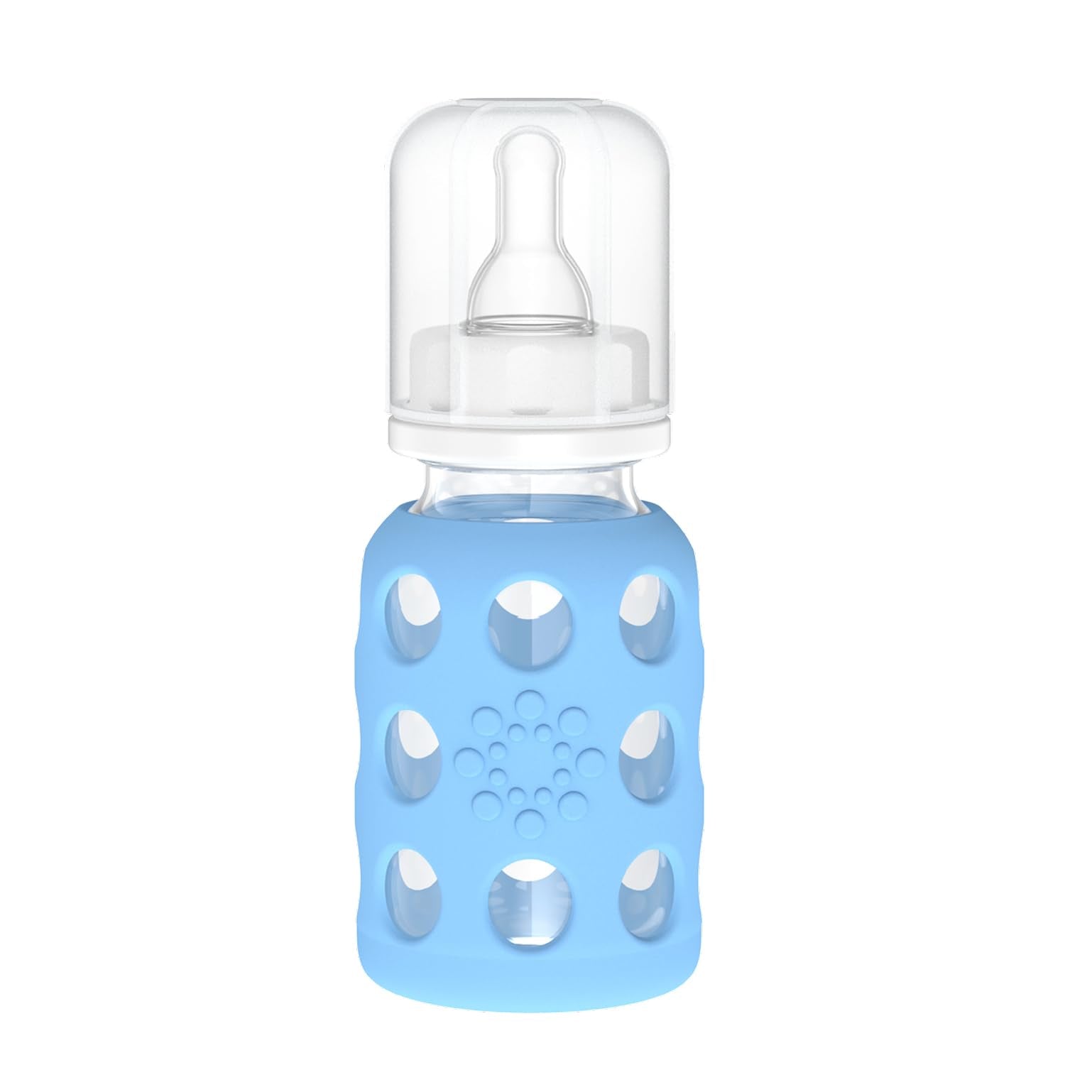Lifefactory 4oz glass baby bottle with sky blue sleeve for easy grip
