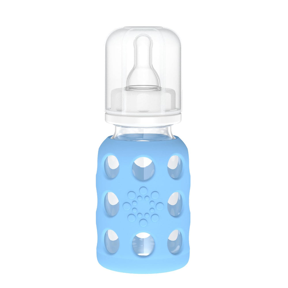 Lifefactory 4oz glass baby bottle with sky blue sleeve for easy grip