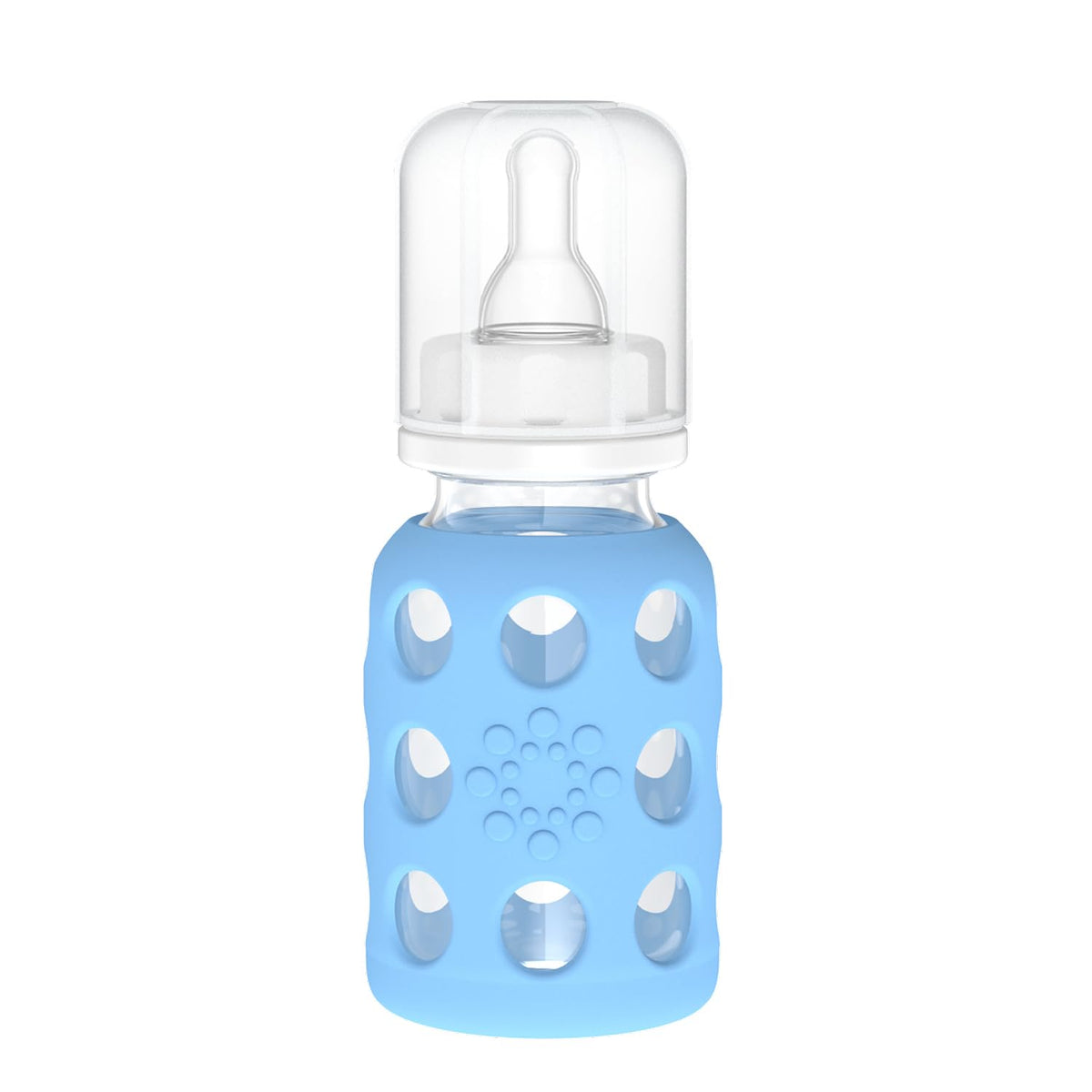 Lifefactory 4oz glass baby bottle with sky blue sleeve for easy grip
