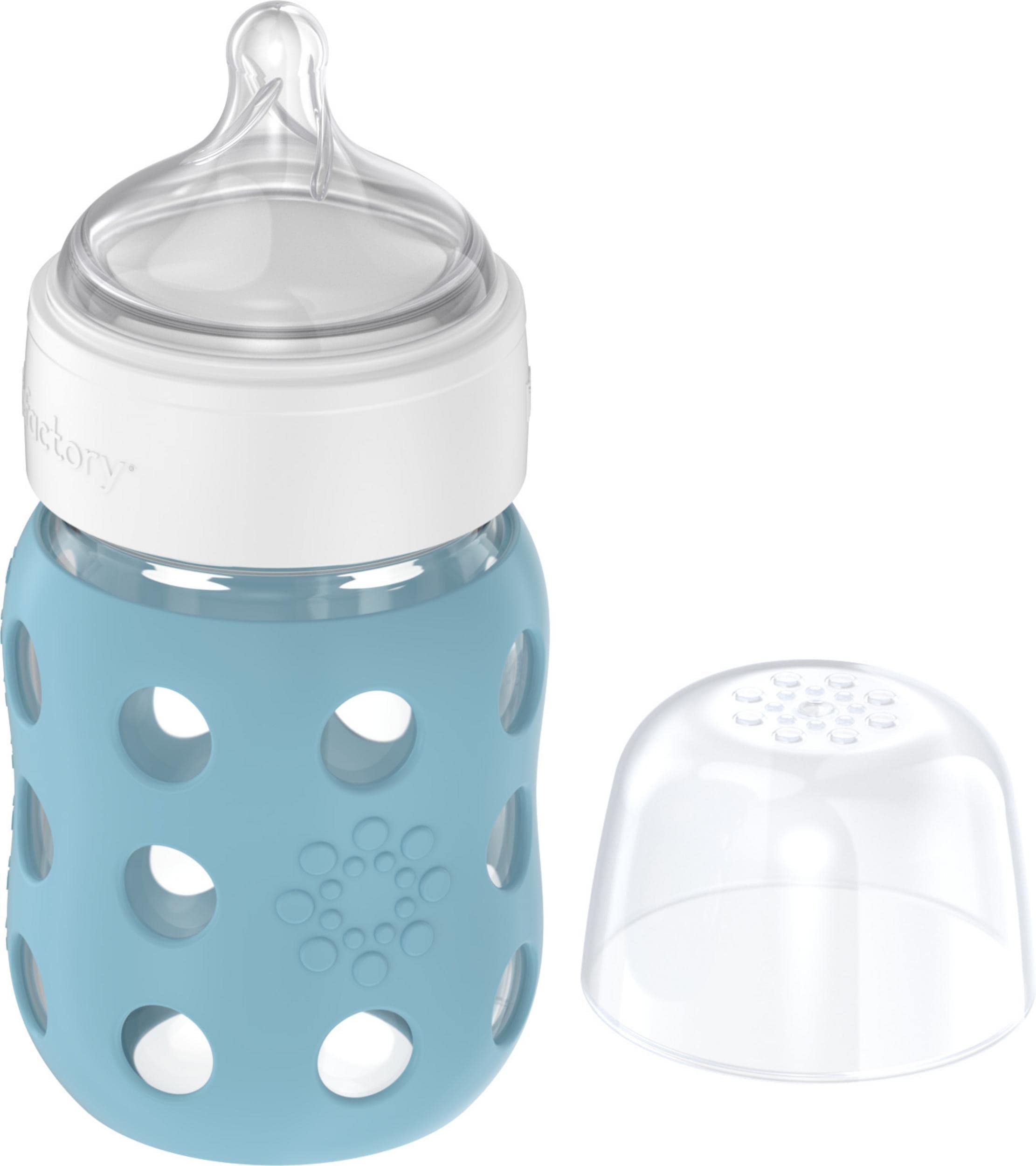 Lifefactory 8oz borosilicate glass bottle shows clear contents and durability.