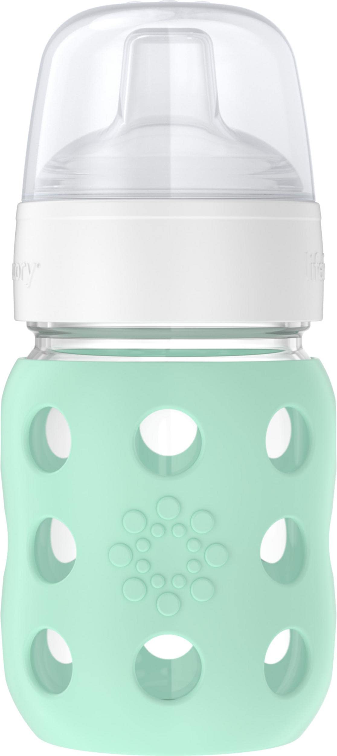 Lifefactory 8oz wide-neck baby bottle with mint silicone sleeve for secure grip