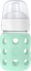 Lifefactory 8oz wide-neck baby bottle with mint silicone sleeve for secure grip