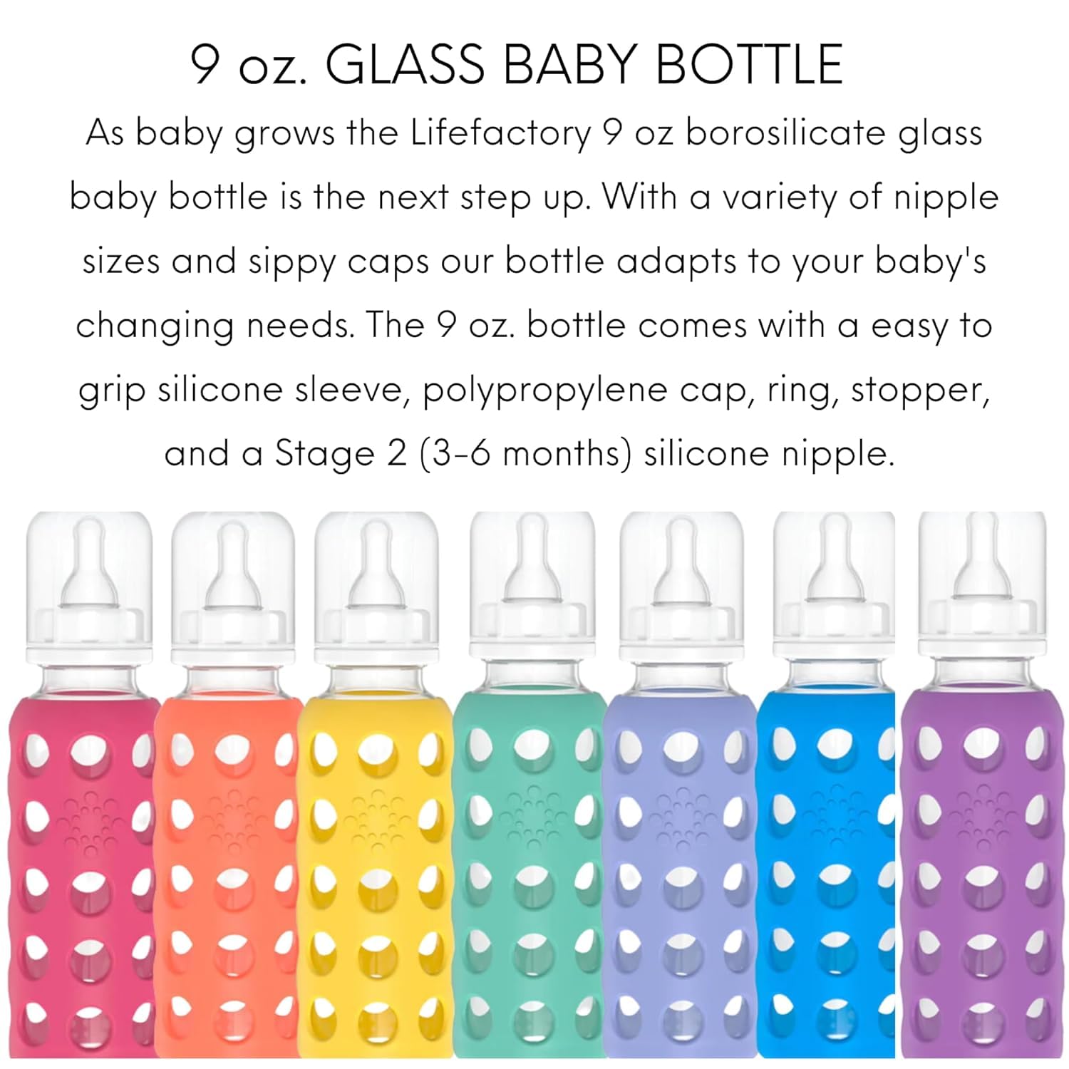Lifefactory 9oz bottle two-pack highlights eco-friendly, reusable baby bottle option for families.