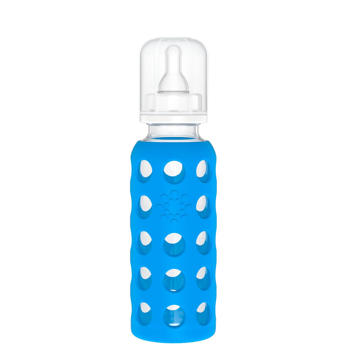 Lifefactory 9oz glass bottle with silicone sleeve, secure grip and protection.