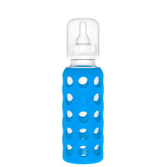 Lifefactory 9oz glass bottle with silicone sleeve, secure grip and protection.