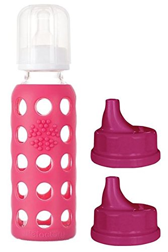 Lifefactory 9oz glass bottle with Raspberry sleeve offers a grippy, protective feeding experience.