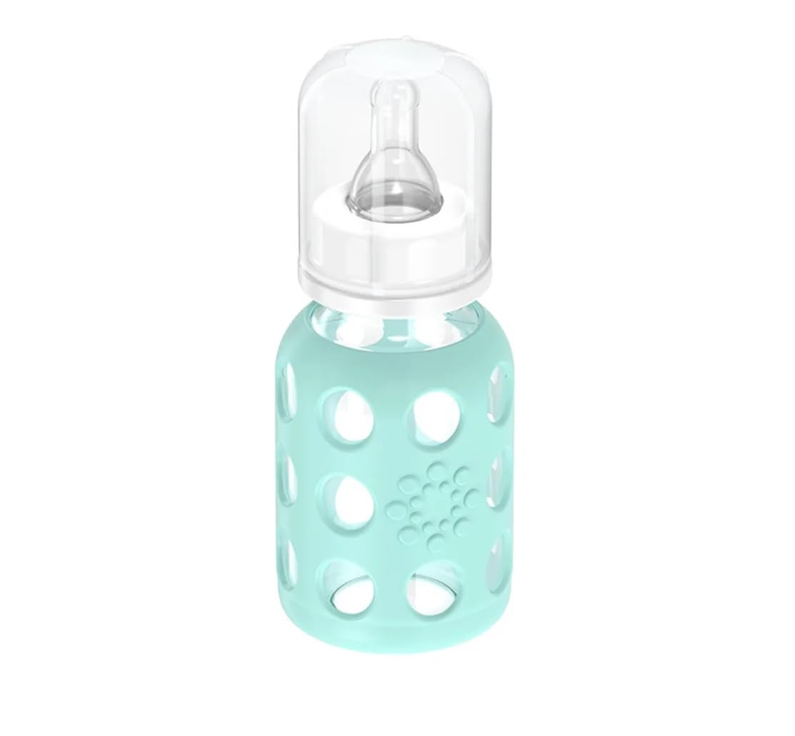 Lifefactory 4oz cantaloupe bottle with silicone sleeve for comfortable grip.