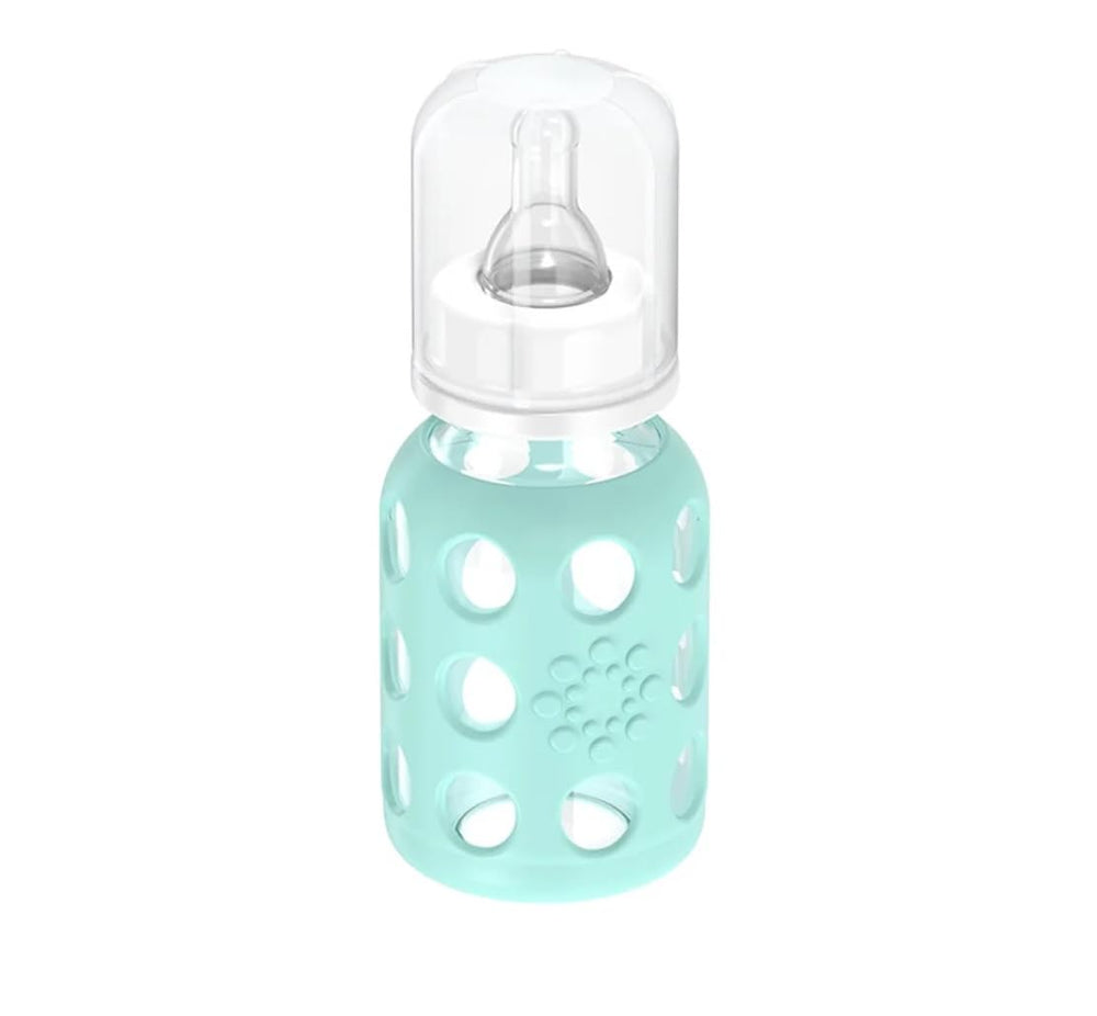 Lifefactory 4oz cantaloupe bottle with silicone sleeve for comfortable grip.