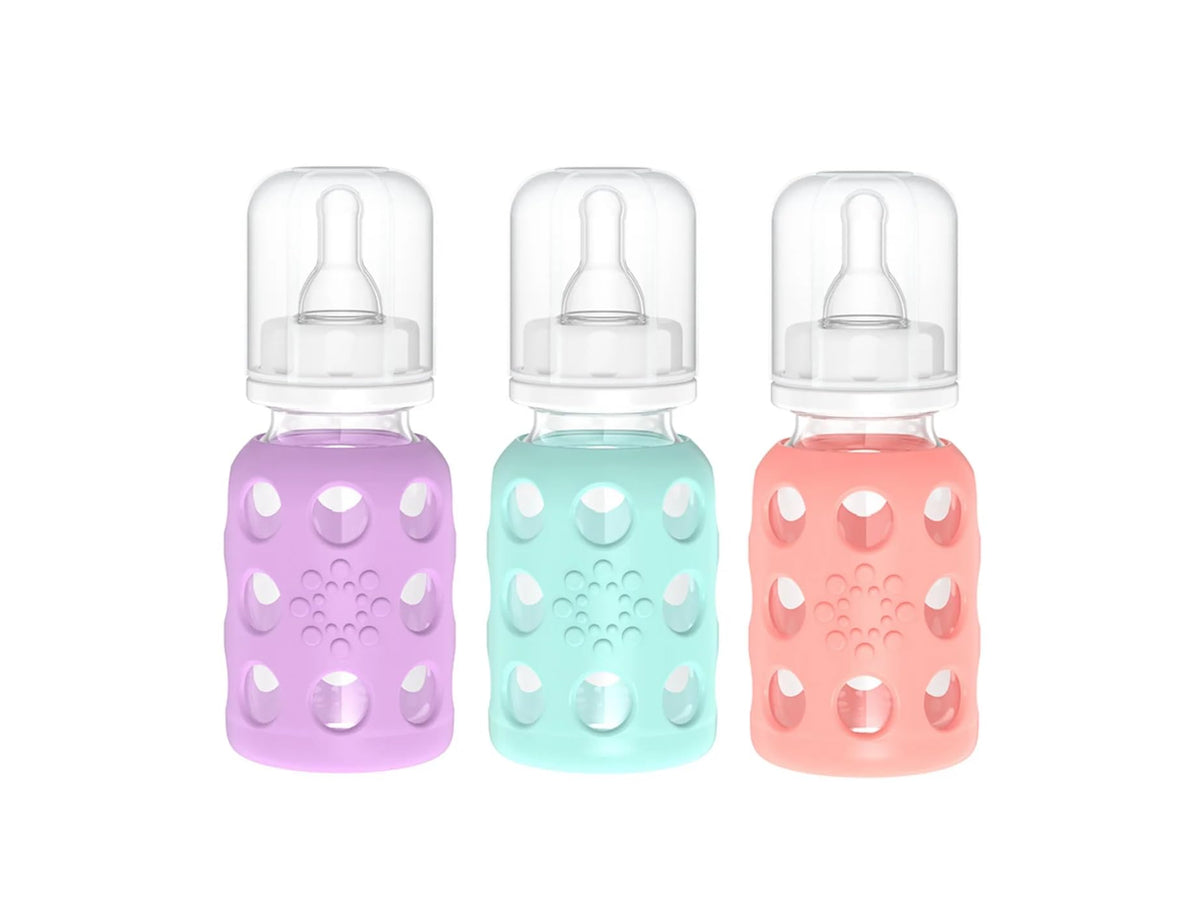 Lifefactory 4oz lavender bottle with silicone sleeve for easy grip.