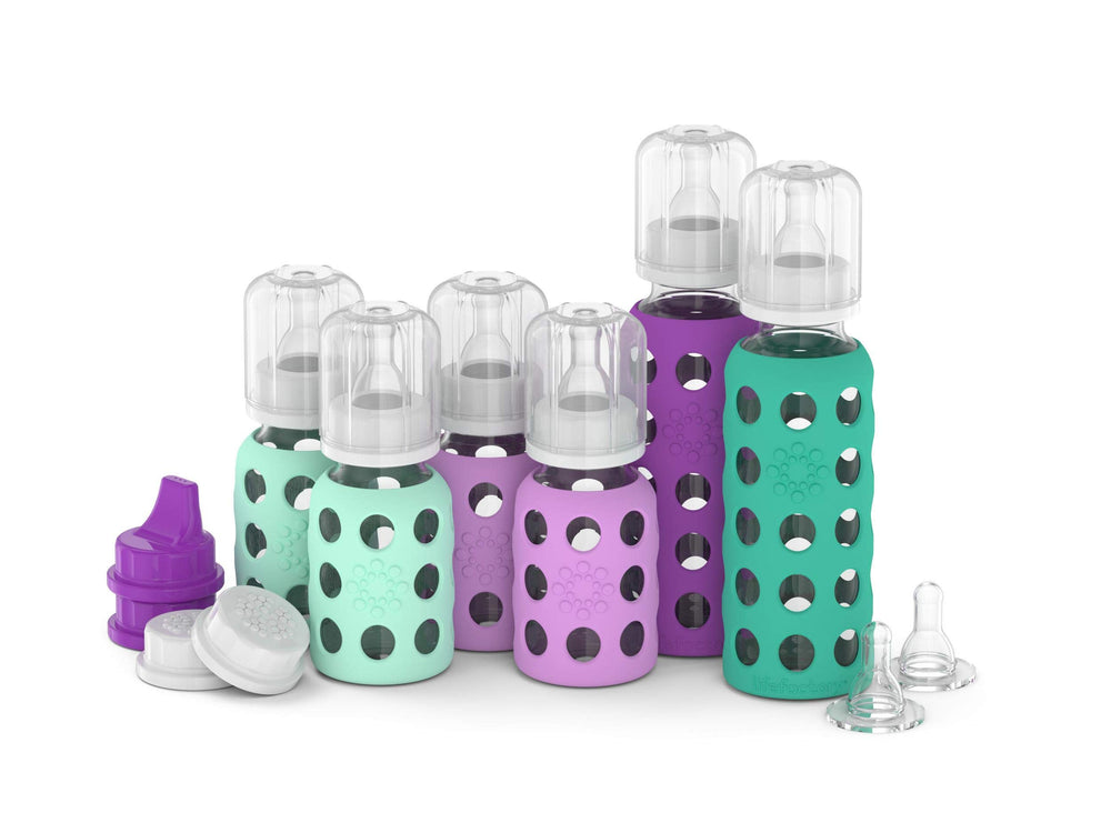 Lifefactory 4oz mint-lavender bottle with silicone sleeve for easy handling