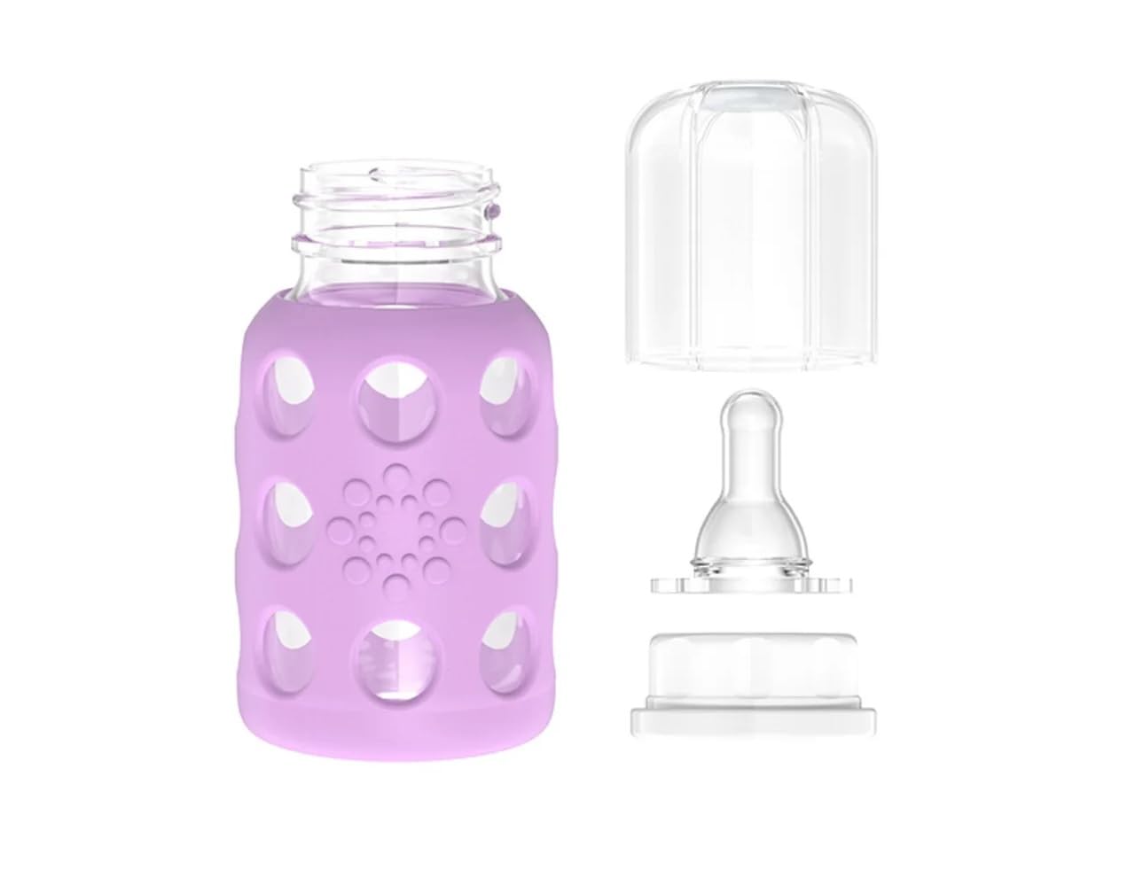 Lifefactory 4oz mint bottle with silicone sleeve for secure handling.