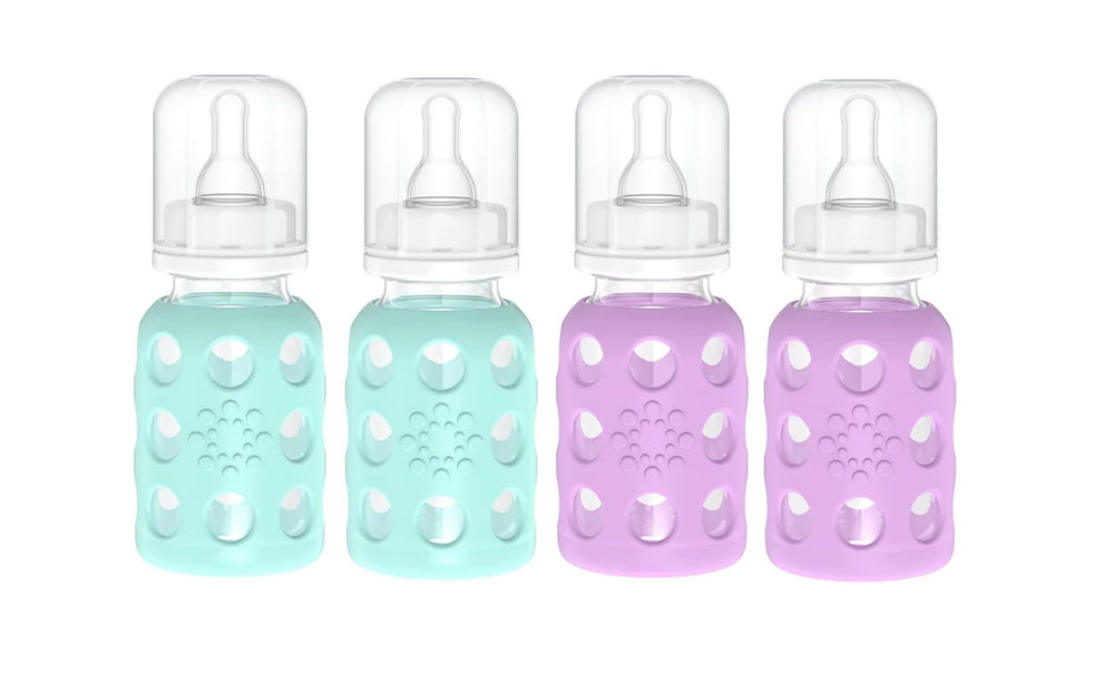 Lifefactory 4oz mint bottle with silicone sleeve for a secure grip.