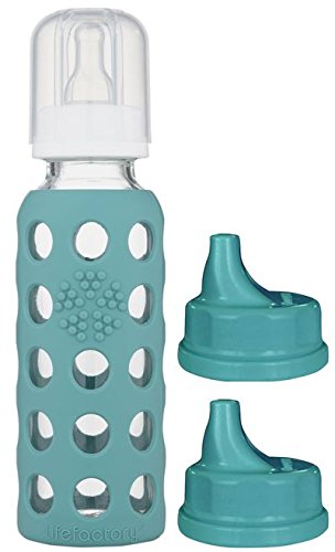Lifefactory 9oz glass baby bottle with Kale silicone sleeve provides a secure grip.