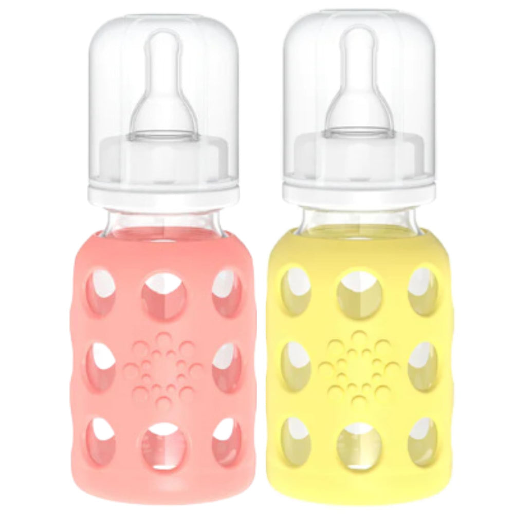 Lifefactory glass baby bottle with cantaloupe finish, easy-grip silicone sleeve.