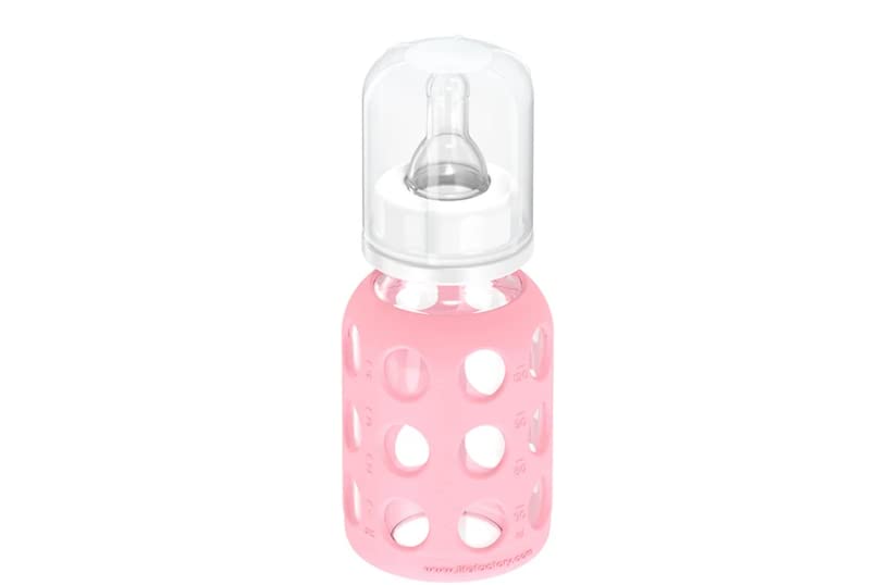 Lifefactory pink bottle shown as dishwasher-safe for quick cleanup