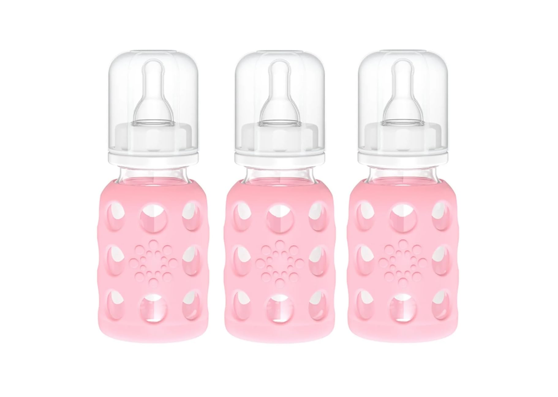 Lifefactory pink silicone-sleeved bottle offers secure grip during feeds