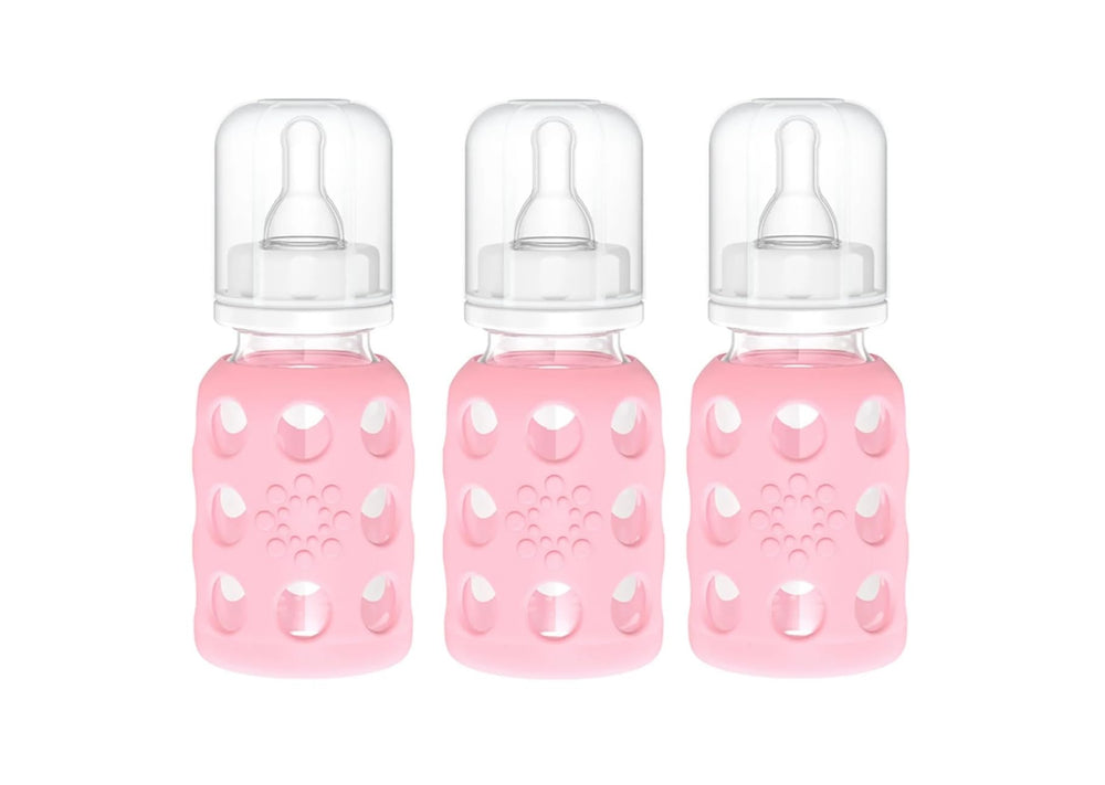Lifefactory pink silicone-sleeved bottle offers secure grip during feeds
