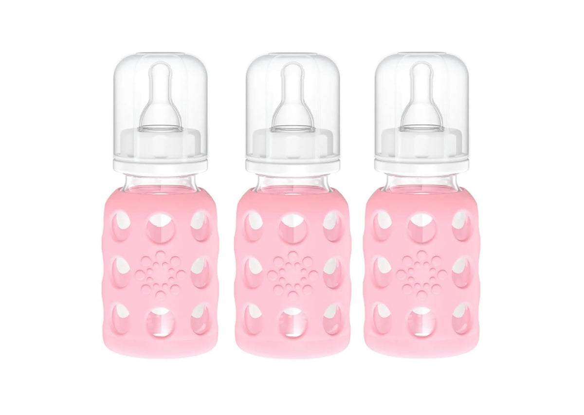 Lifefactory pink silicone-sleeved bottle offers secure grip during feeds
