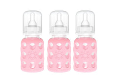 Lifefactory pink silicone-sleeved bottle offers secure grip during feeds