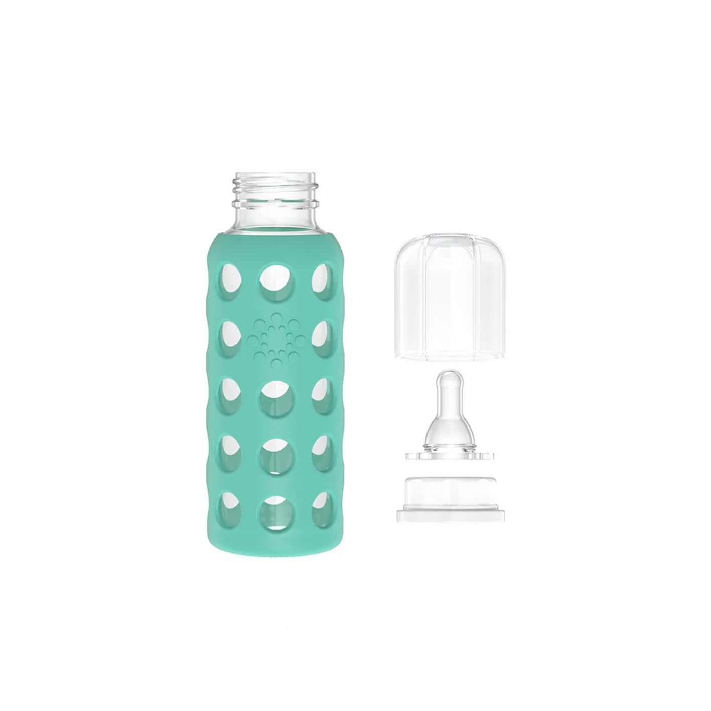 Lifefactory silicone sleeve grip on baby bottle for on-the-go handling