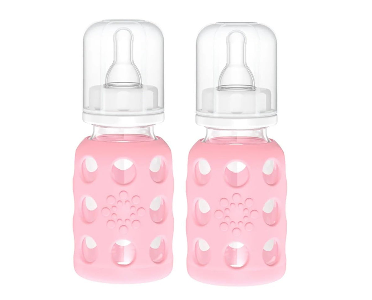 Lifefactory baby bottle with silicone sleeve pink front view for easy grip