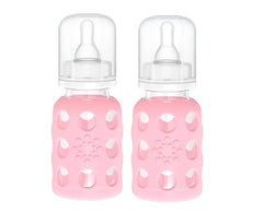 Lifefactory baby bottle with silicone sleeve pink front view for easy grip