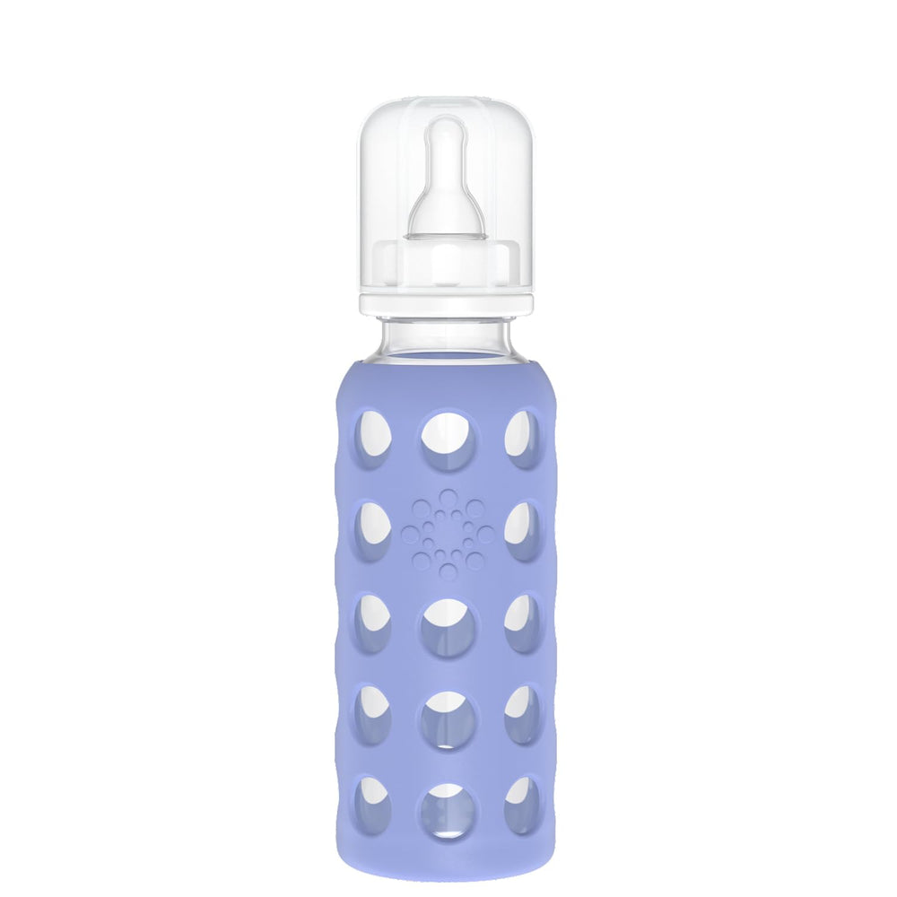 Lifefactory blueberry 9oz bottle with silicone sleeve ready for on-the-go feeding.