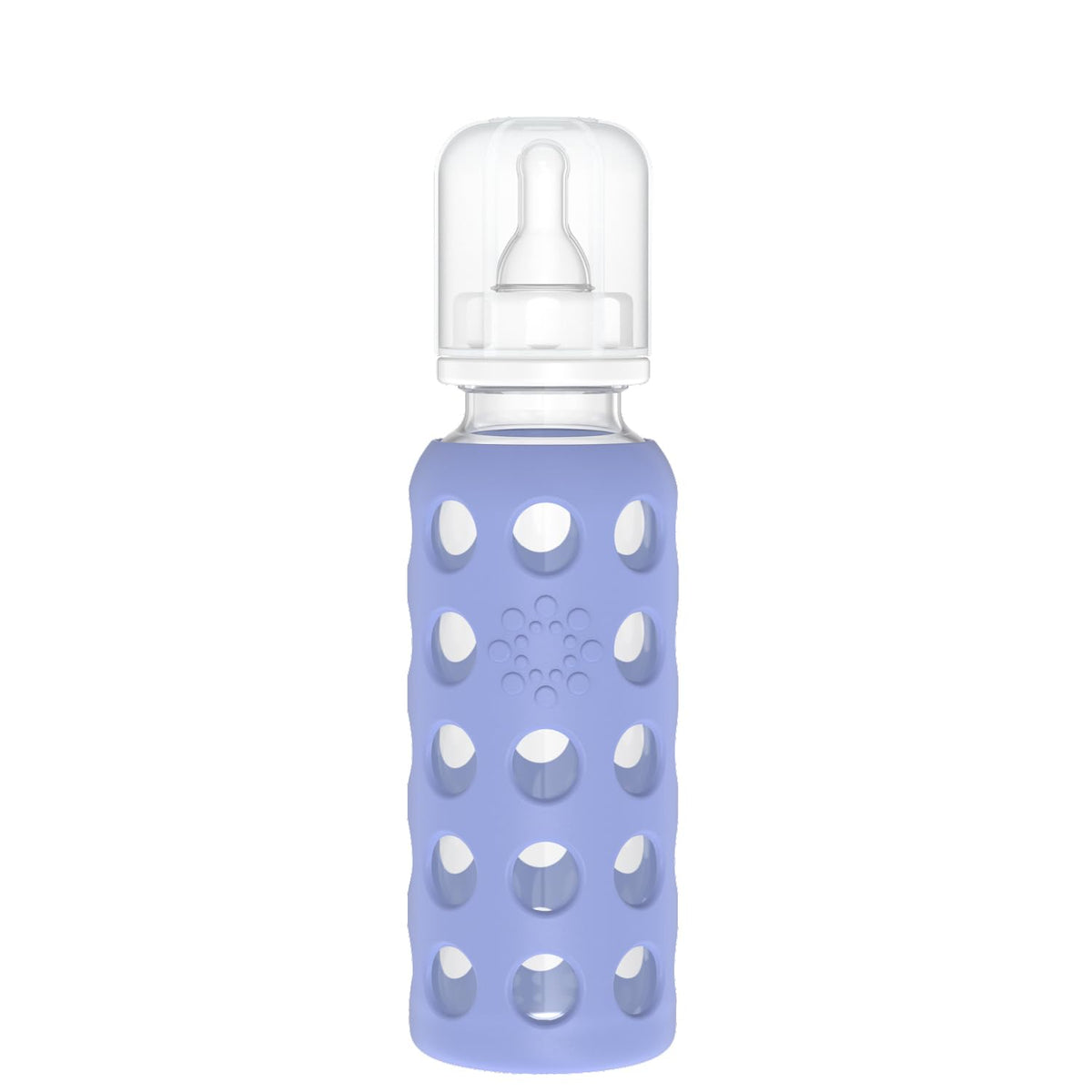 Lifefactory blueberry 9oz bottle with silicone sleeve ready for on-the-go feeding.