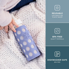 Lifefactory borosilicate glass close-up highlights durable, temperature-resistant bottle.