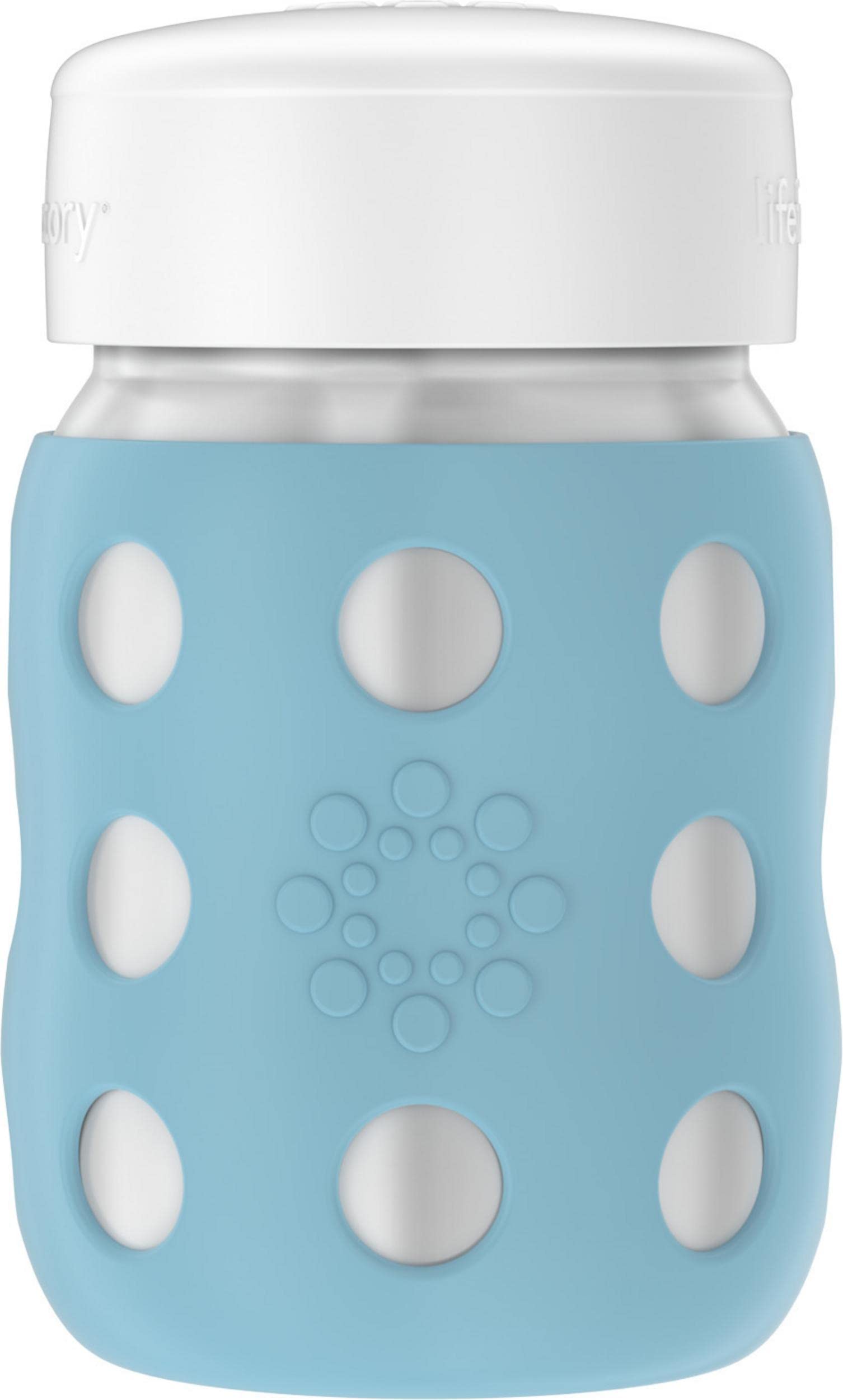 Lifefactory 8-ounce denim bottle with wide neck and silicone sleeve for easy grip