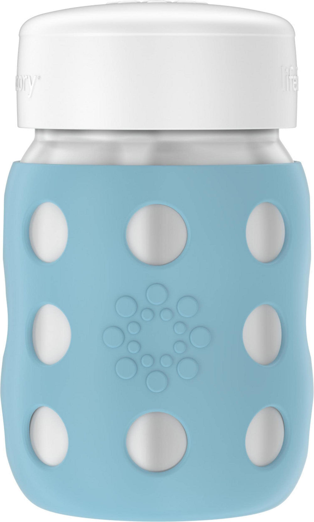 Lifefactory 8-ounce denim bottle with wide neck and silicone sleeve for easy grip