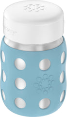 Lifefactory bottle with denim flat cap, ideal for snacks and milk on the go
