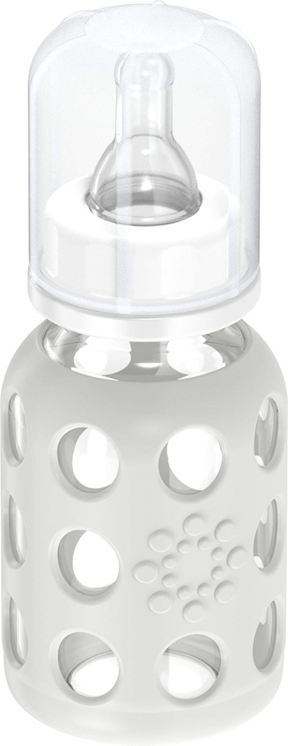 Lifefactory glass baby bottle side view with silicone sleeve for easy gripping