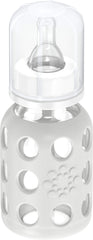Lifefactory glass baby bottle side view with silicone sleeve for easy gripping