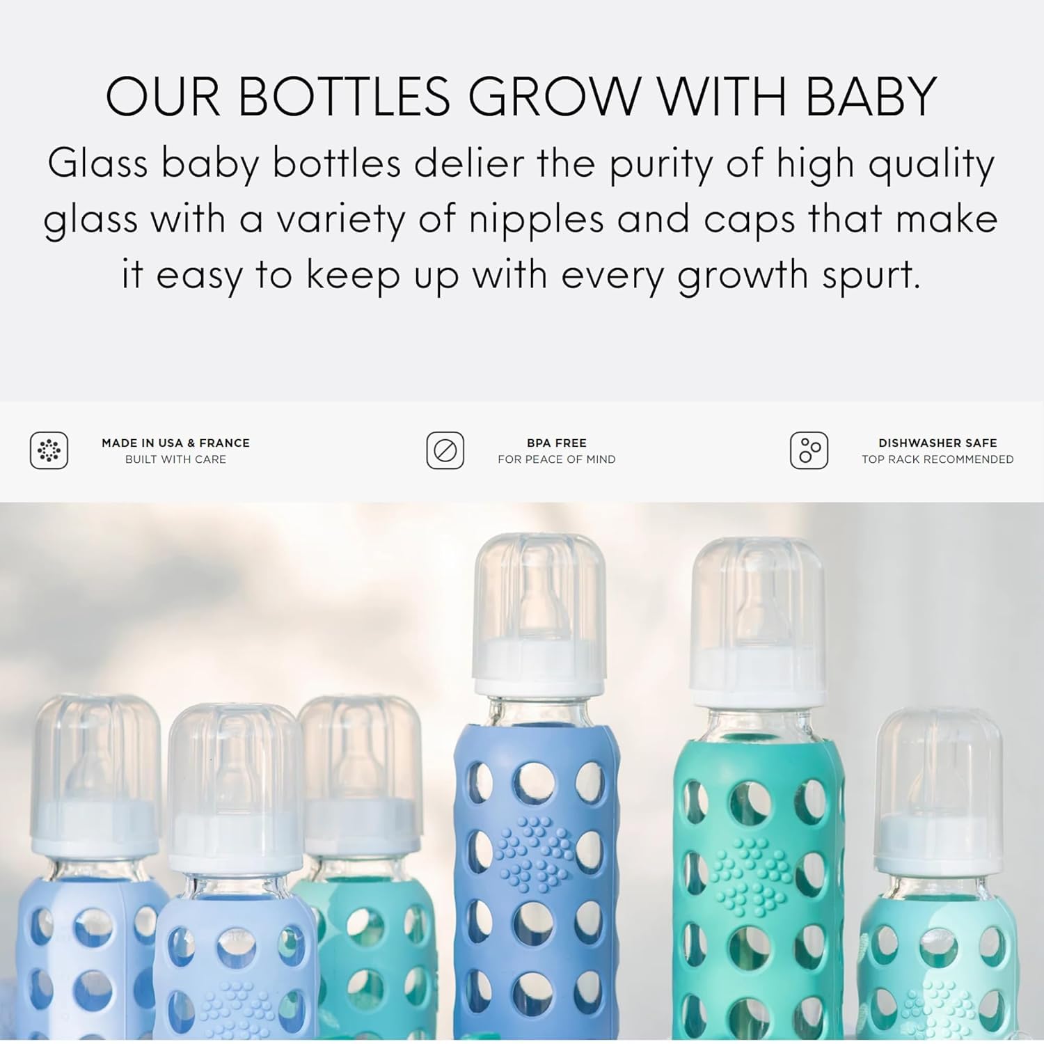 Lifefactory bottle back view with colorful sleeve highlights grip and durability.