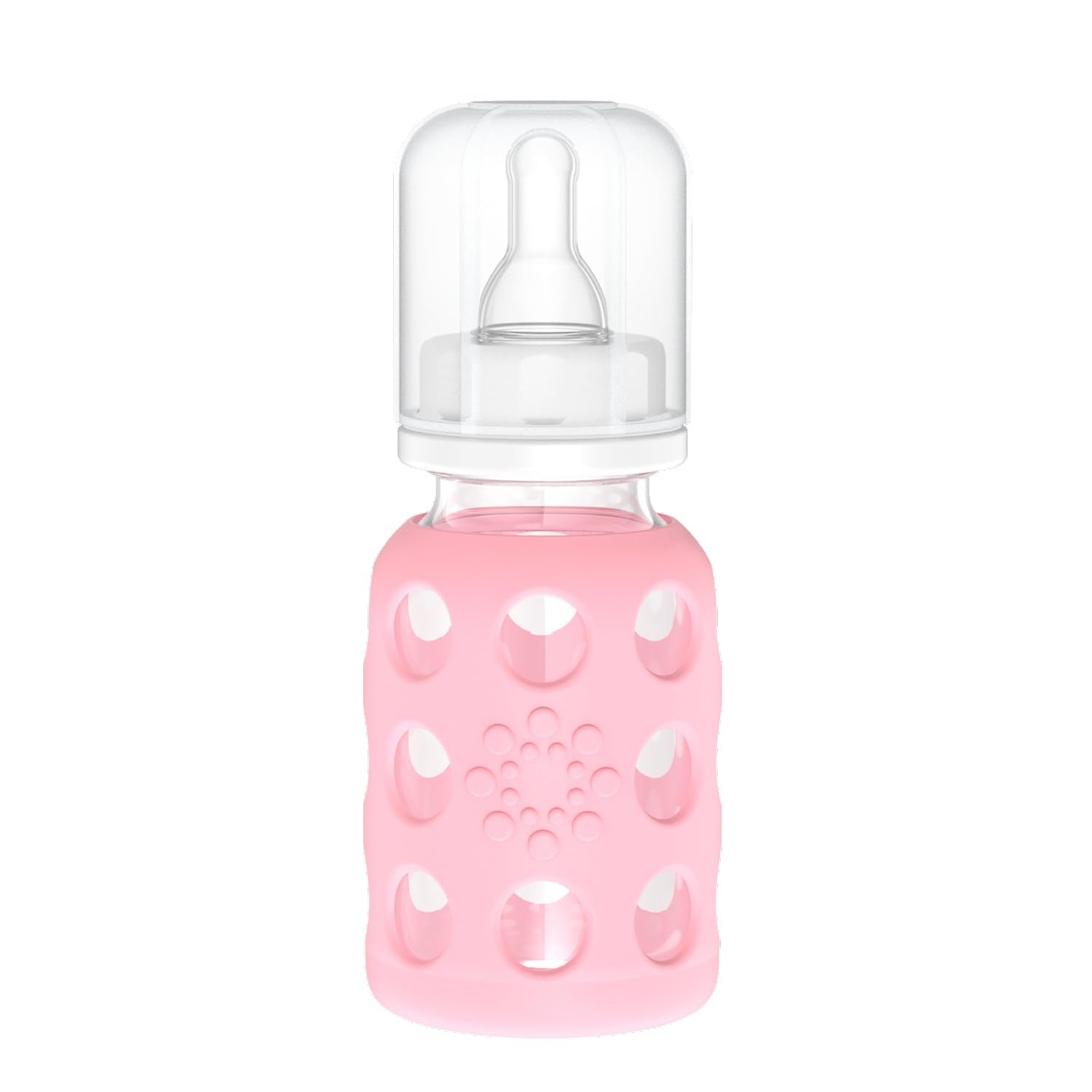 Lifefactory pink bottle with silicone sleeve offers a secure grip for feeding sessions.