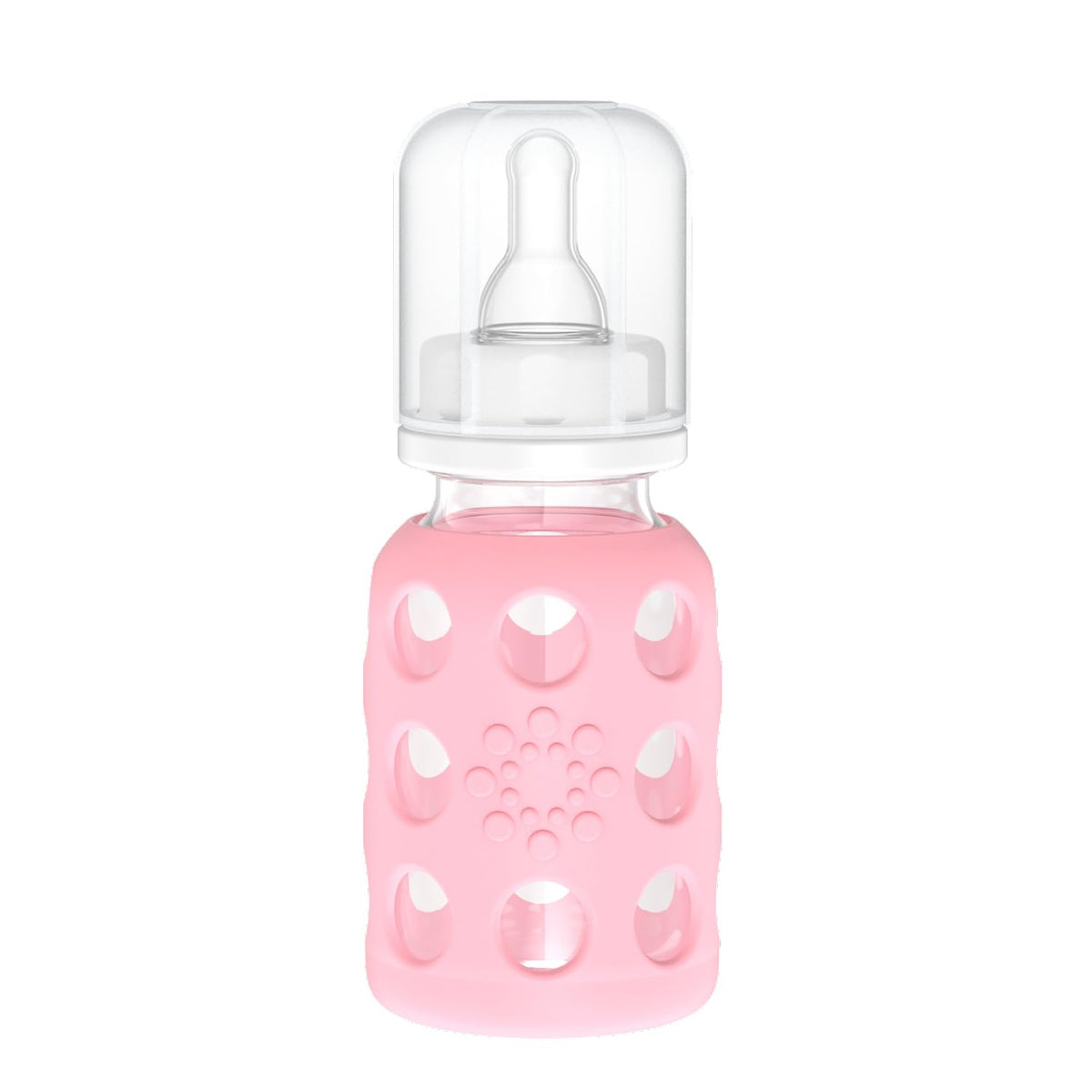 Lifefactory pink bottle with silicone sleeve offers a secure grip for feeding sessions.
