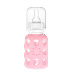 Lifefactory pink bottle with silicone sleeve offers a secure grip for feeding sessions.