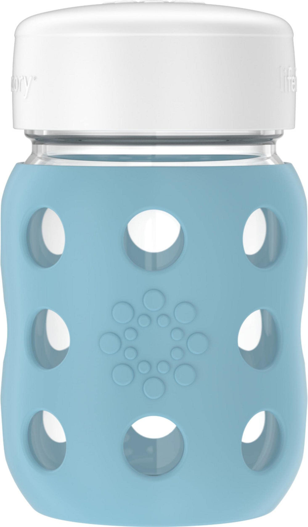 Lifefactory Denim 8-ounce wide-neck bottle with silicone sleeve offers a secure grip during feeds.
