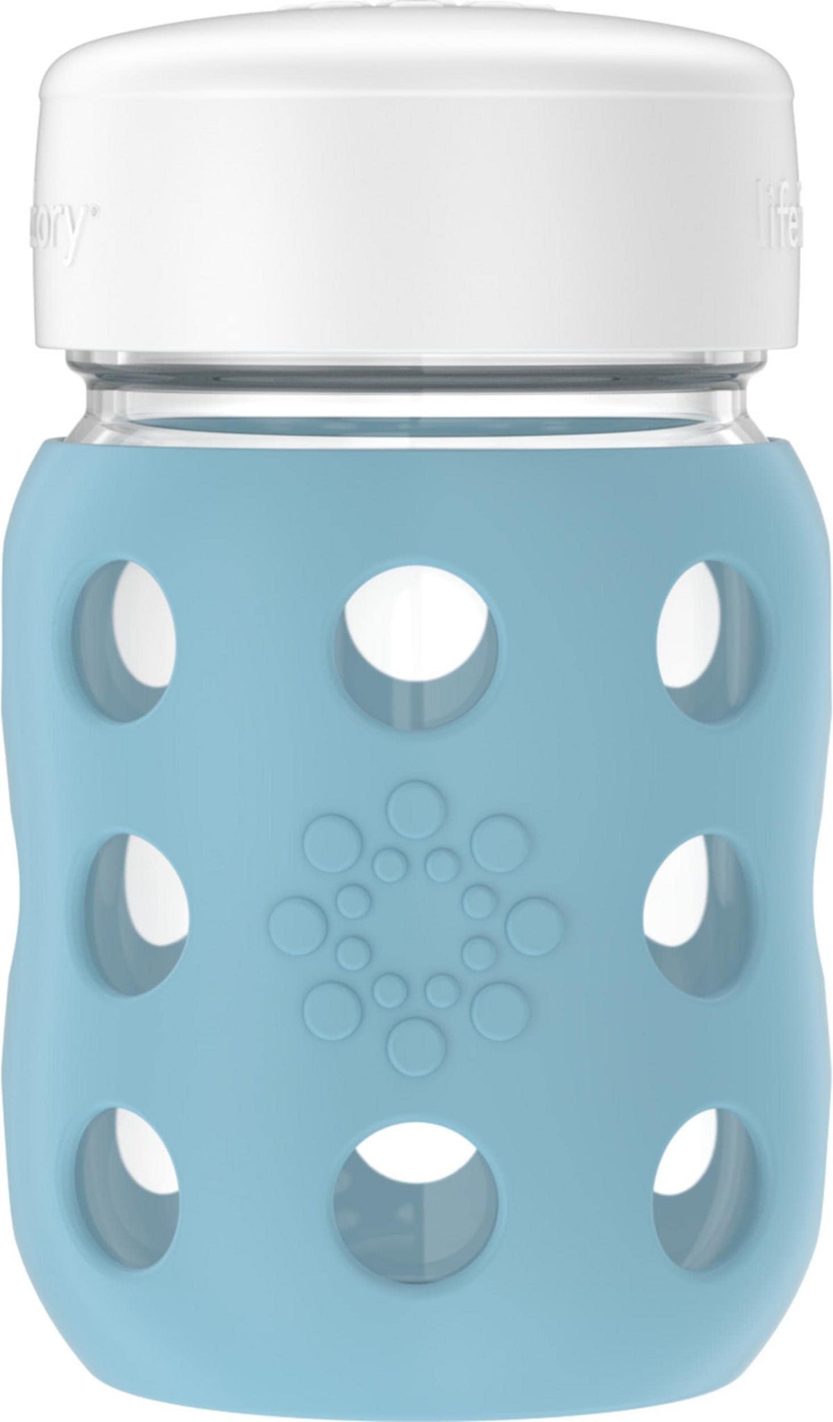 Lifefactory Denim 8-ounce wide-neck bottle with silicone sleeve offers a secure grip during feeds.