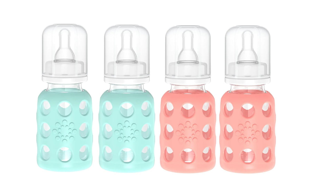 Lifefactory glass baby bottle mint sleeve provides an easy-grip feeding experience.